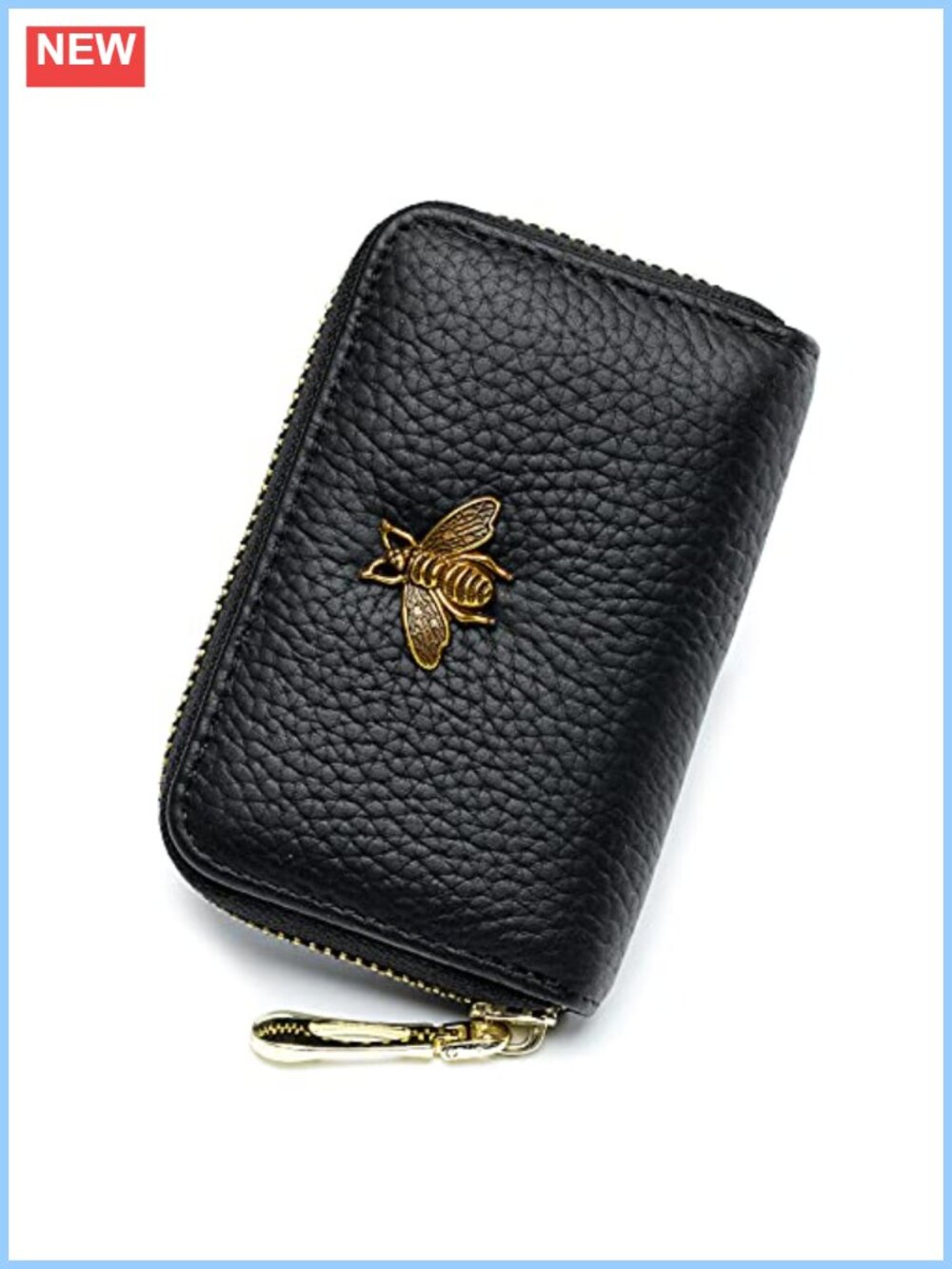 Genuine Leather RFID Card Holder Small Wallet with Bee Charm 12 Card Slots